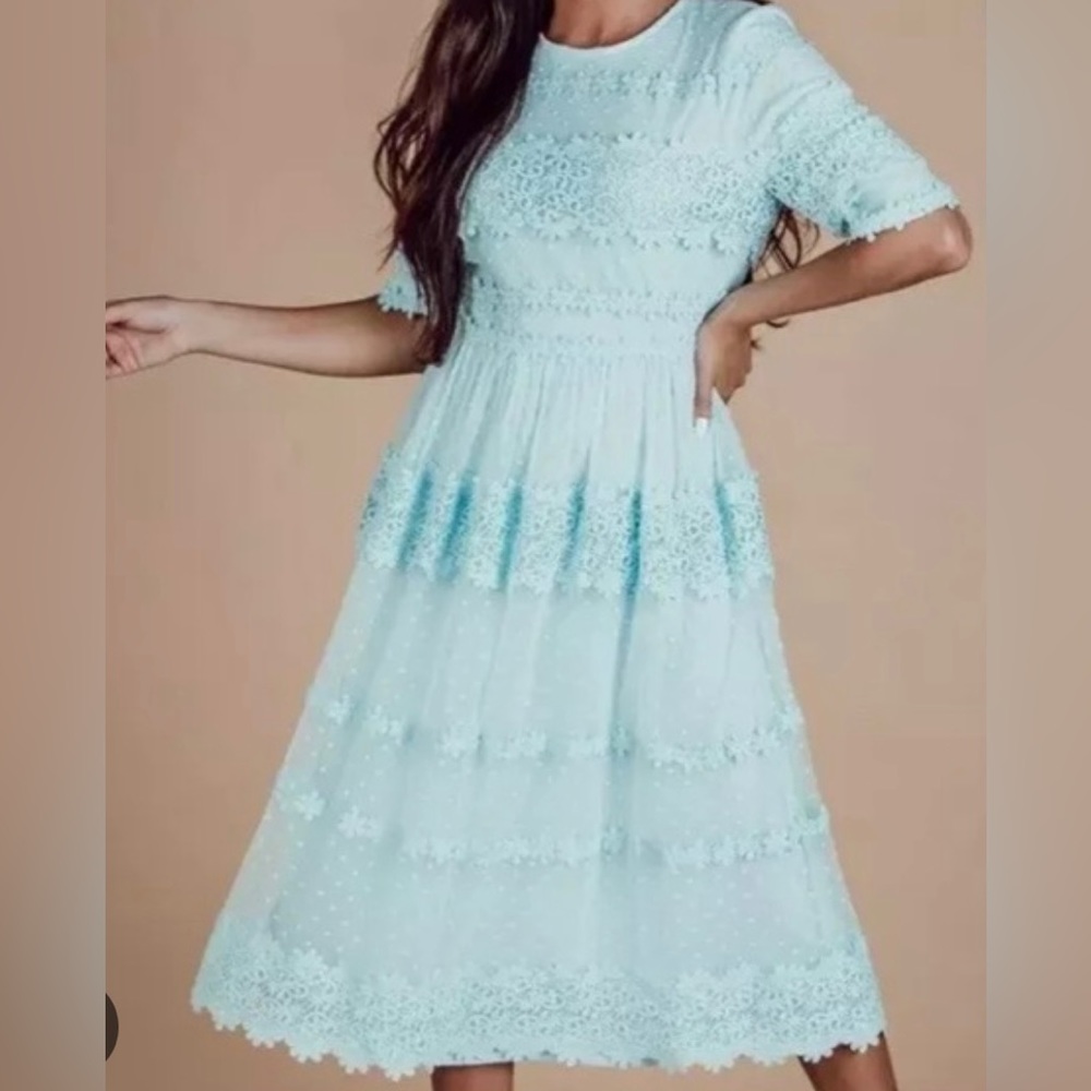 Jessakae Blue Floral Swiss Dot and Lace midi dress size large